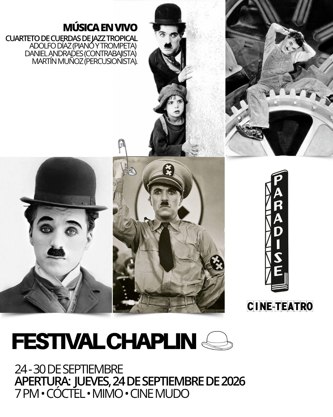 Afiche del Festival Chaplin: 24 al 30 de septiembre de 2026, apertura a las 7 p. m.